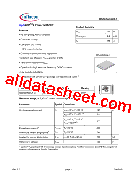 BSB024N03LXG Datasheet PDF - Infineon Technologies AG