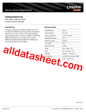 KVR667D2D4F5-4G Datasheet PDF - List of Unclassifed Manufacturers